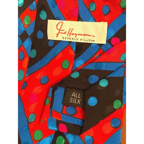 VTG FRED HAYMAN Beverly Hills 100% SILK TIE Red Polka Dot Geometric Colorful Blu - Picture 6 of 6